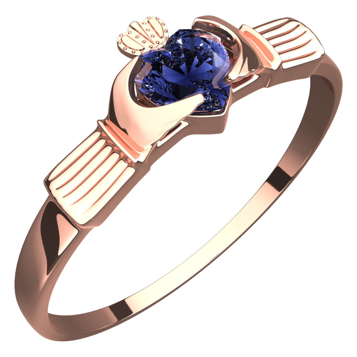 18K Rose Gold Coated Ring Claddagh with Heart Shaped Sapphire Blue Zircon Stone under Crown