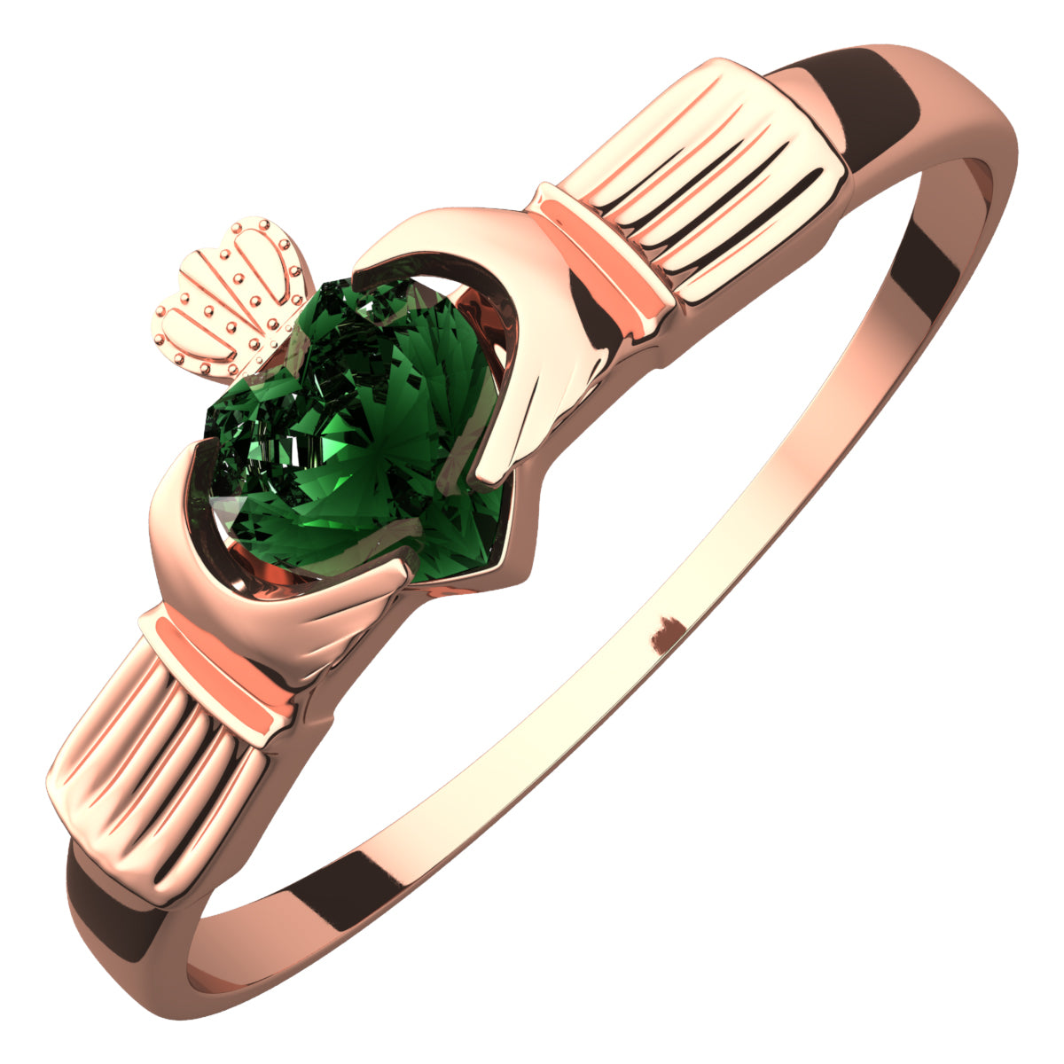 18K Rose Gold Coated Claddagh Ring with Heart-Shaped Emerald Green Zircon Stone under Crown