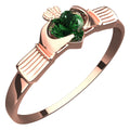 18K Rose Gold Coated Claddagh Ring with Heart-Shaped Emerald Green Zircon Stone under Crown