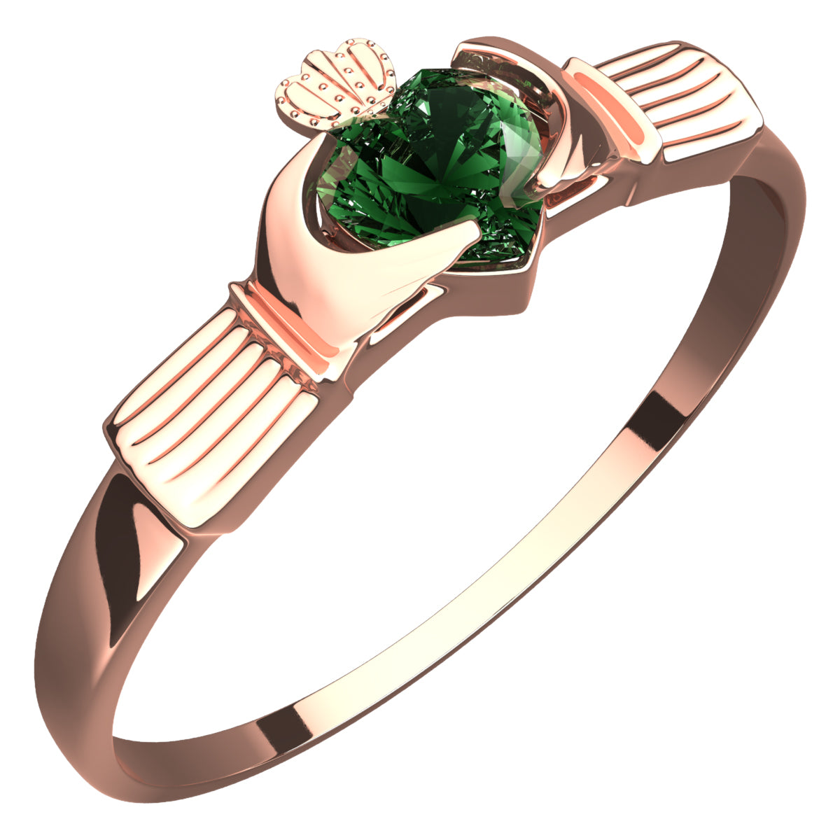18K Rose Gold Coated Claddagh Ring with Heart-Shaped Emerald Green Zircon Stone under Crown