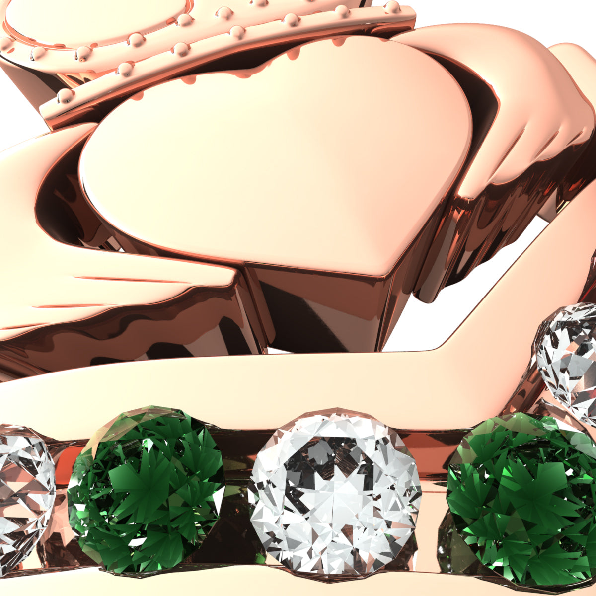 18K Rose Gold Coated Claddagh Ring with Emerald Green Zircon Stones