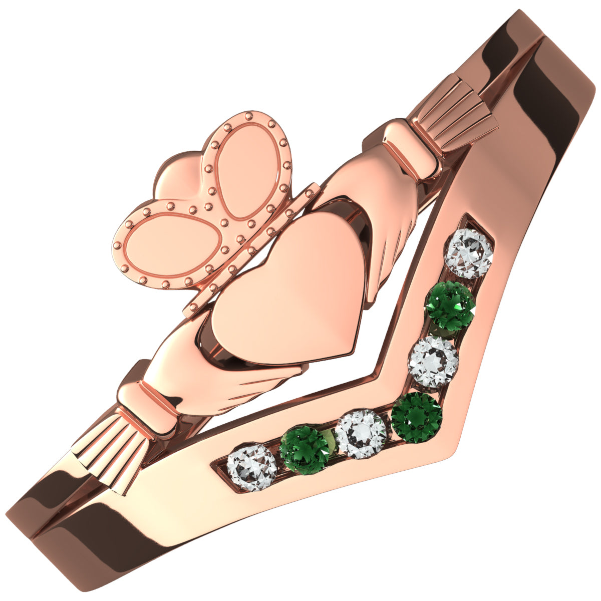18K Rose Gold Coated Claddagh Ring with Emerald Green Zircon Stones