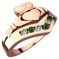 18K Rose Gold Coated Claddagh Ring with Emerald Green Zircon Stones
