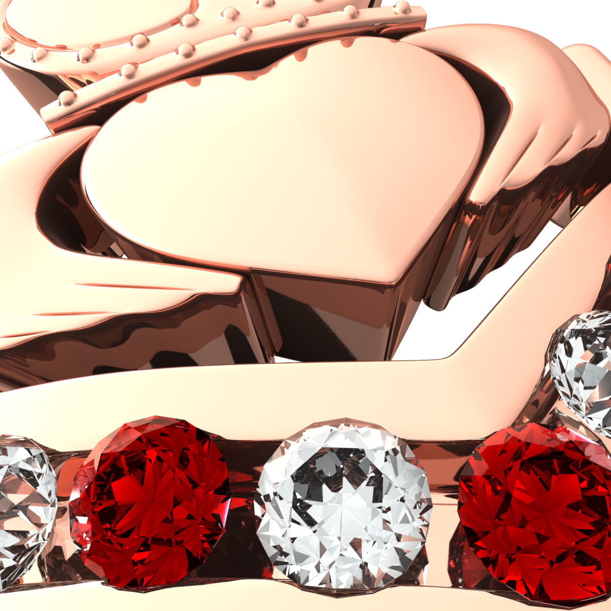 18K Rose Gold Coated Claddagh Ring with Ruby Red Zircon Stones