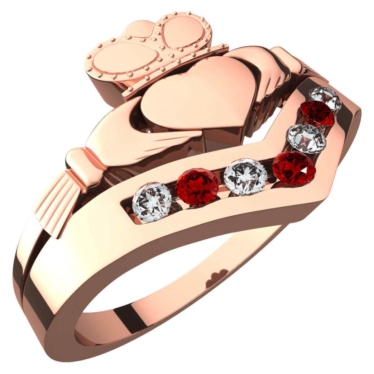 18K Rose Gold Coated Claddagh Ring with Ruby Red Zircon Stones