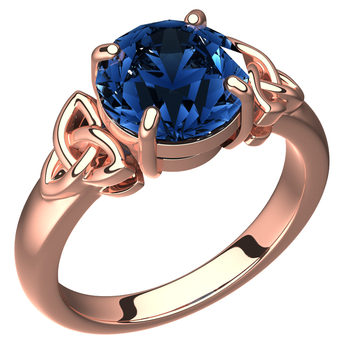 18K Rose Gold Coated Ring with Sapphire Blue CZ Stone and Celtic Trinity Knots
