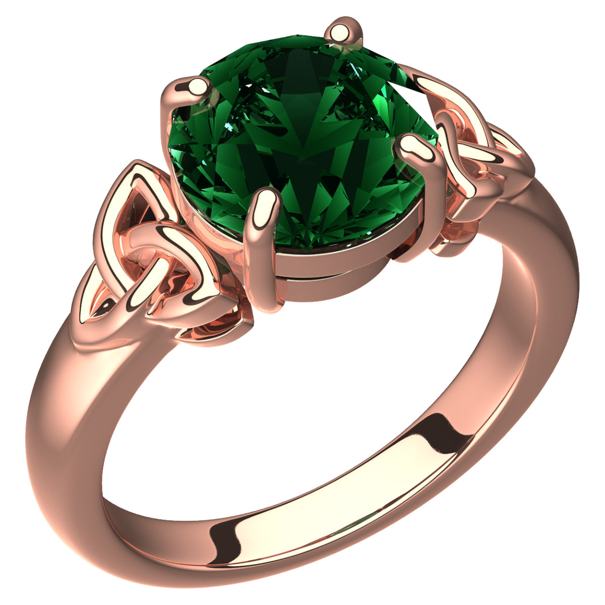 18K Rose Gold Coated Ring with Emerald Green CZ Stone and Celtic Trinity Knots