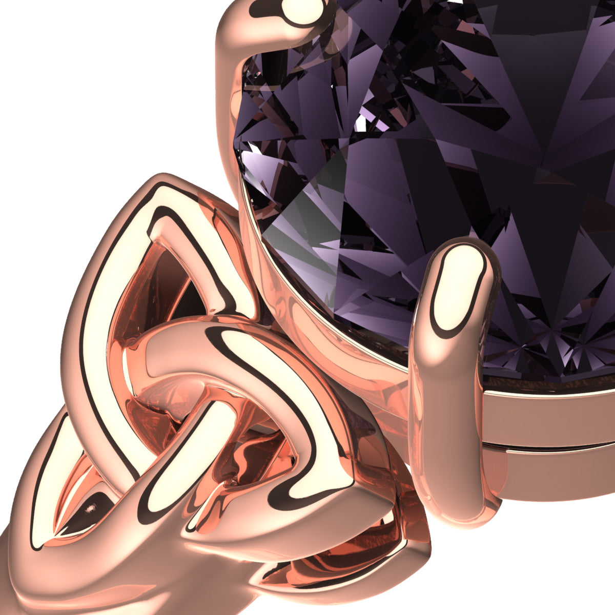 18K Rose Gold Coated Ring with Amethyst Color CZ Stone and Celtic Trinity Knots