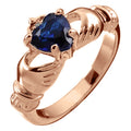18K Rose Gold Coated Claddagh Love Ring with Sapphire Blue Heart CZ Stone Hands and Crown