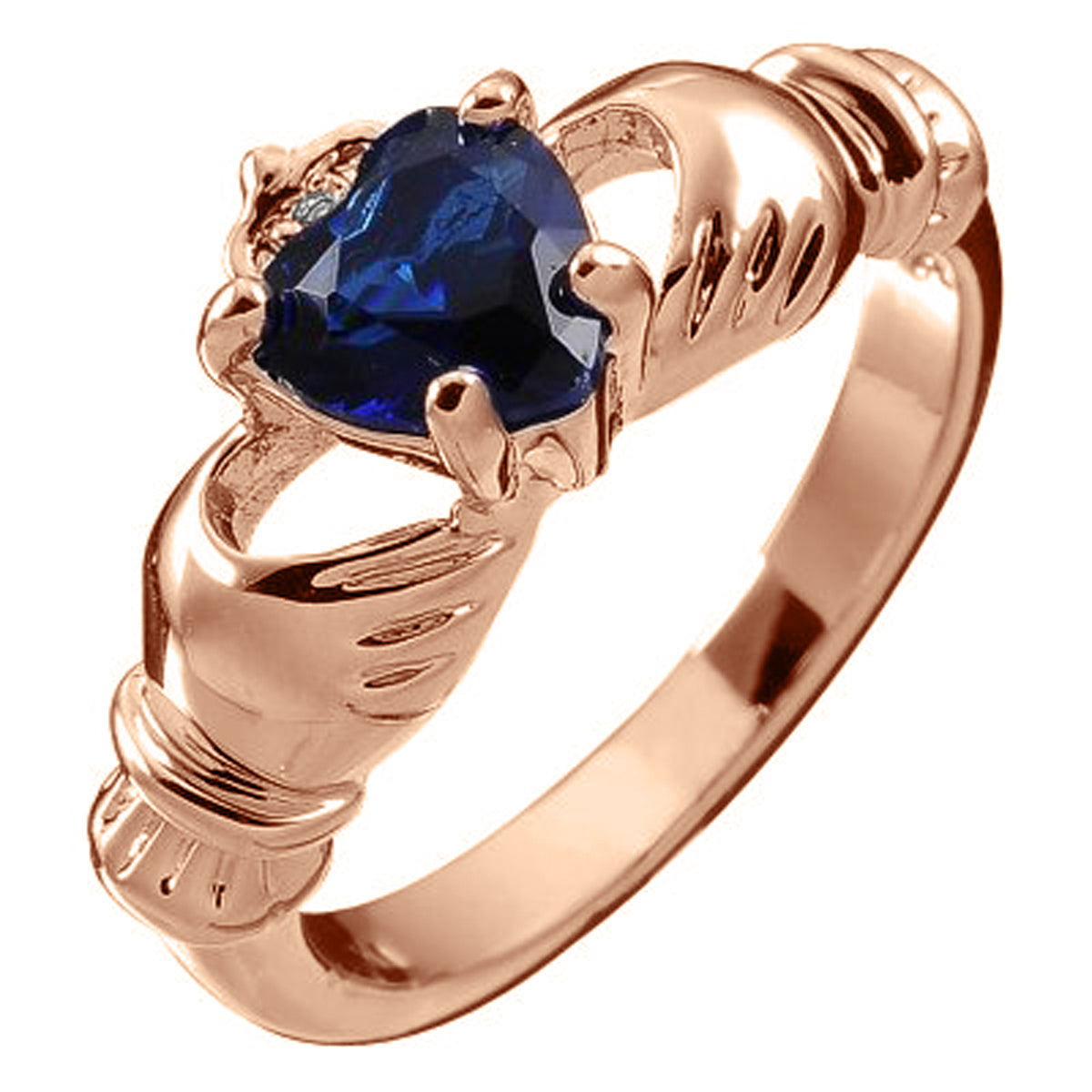 18K Rose Gold Coated Claddagh Love Ring with Sapphire Blue Heart CZ Stone Hands and Crown