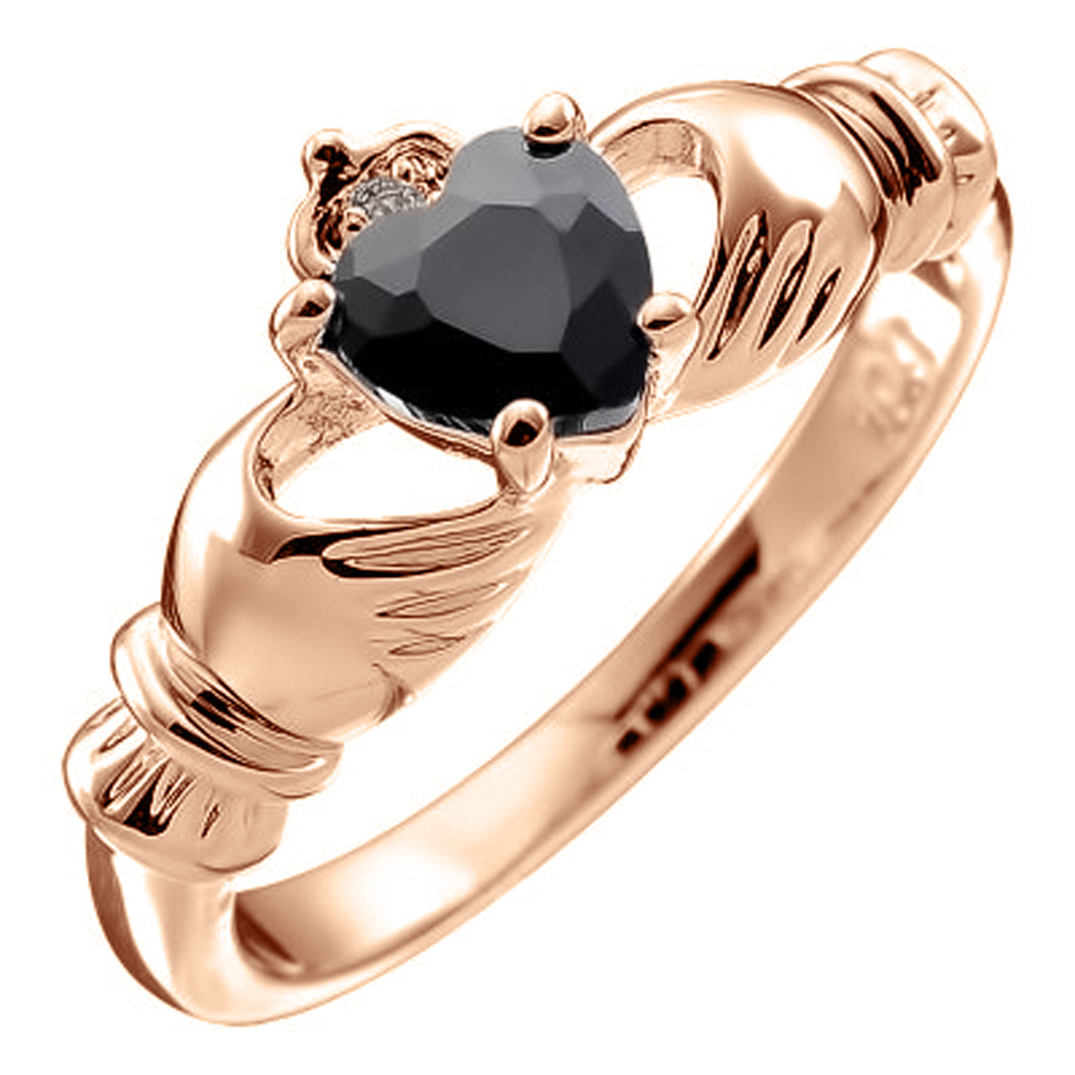 18K Rose Gold Coated Claddagh Love Ring with Black Heart CZ Stone Hands and Crown
