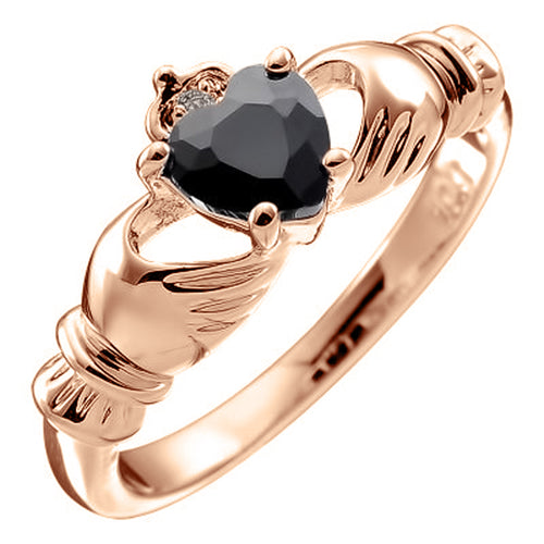18K Rose Gold Coated Claddagh Love Ring with Black Heart CZ Stone Hands and Crown
