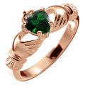 18K Rose Gold Coated Claddagh Love Ring with Emerald Green Heart CZ Stone Hands and Crown