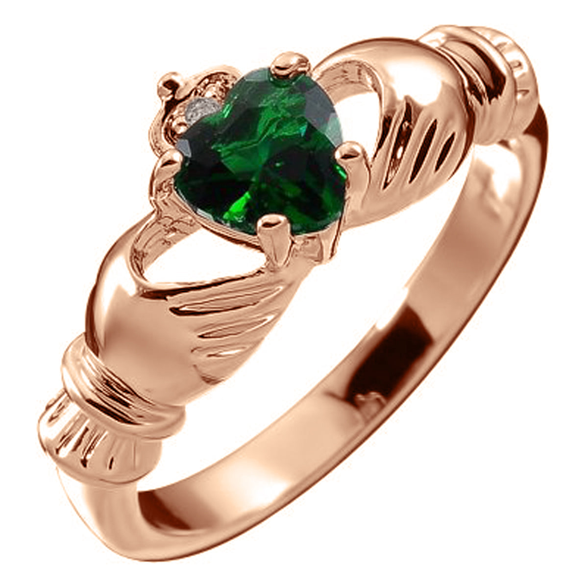 18K Rose Gold Coated Claddagh Love Ring with Emerald Green Heart CZ Stone Hands and Crown