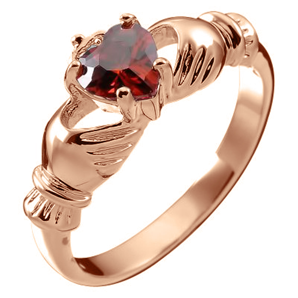 18K Rose Gold Coated Claddagh Love Ring with Ruby Red Heart CZ Stone Hands and Crown