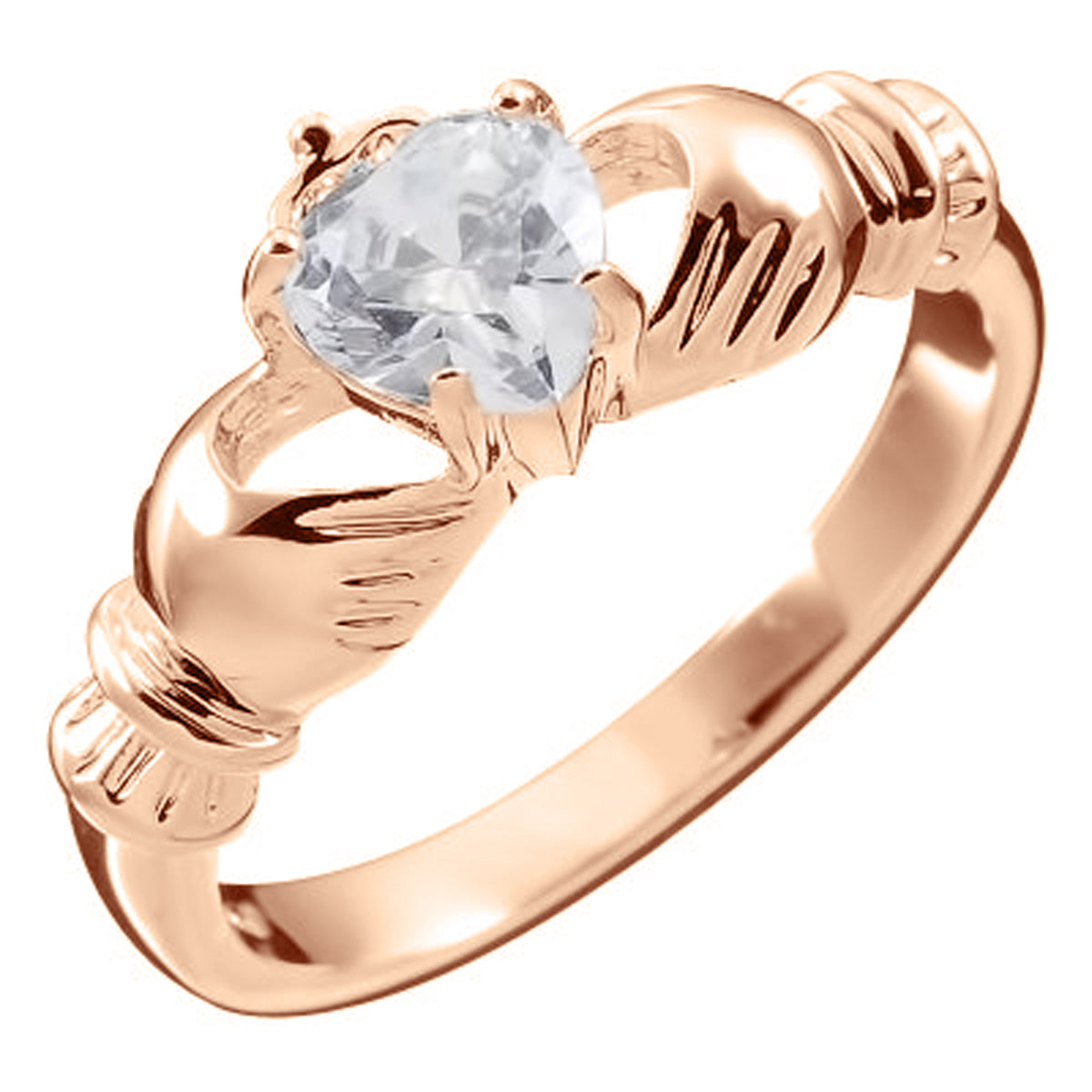 18K Rose Gold Coated Claddagh Love Ring with Diamond Clear Heart CZ Stone Hands and Crown