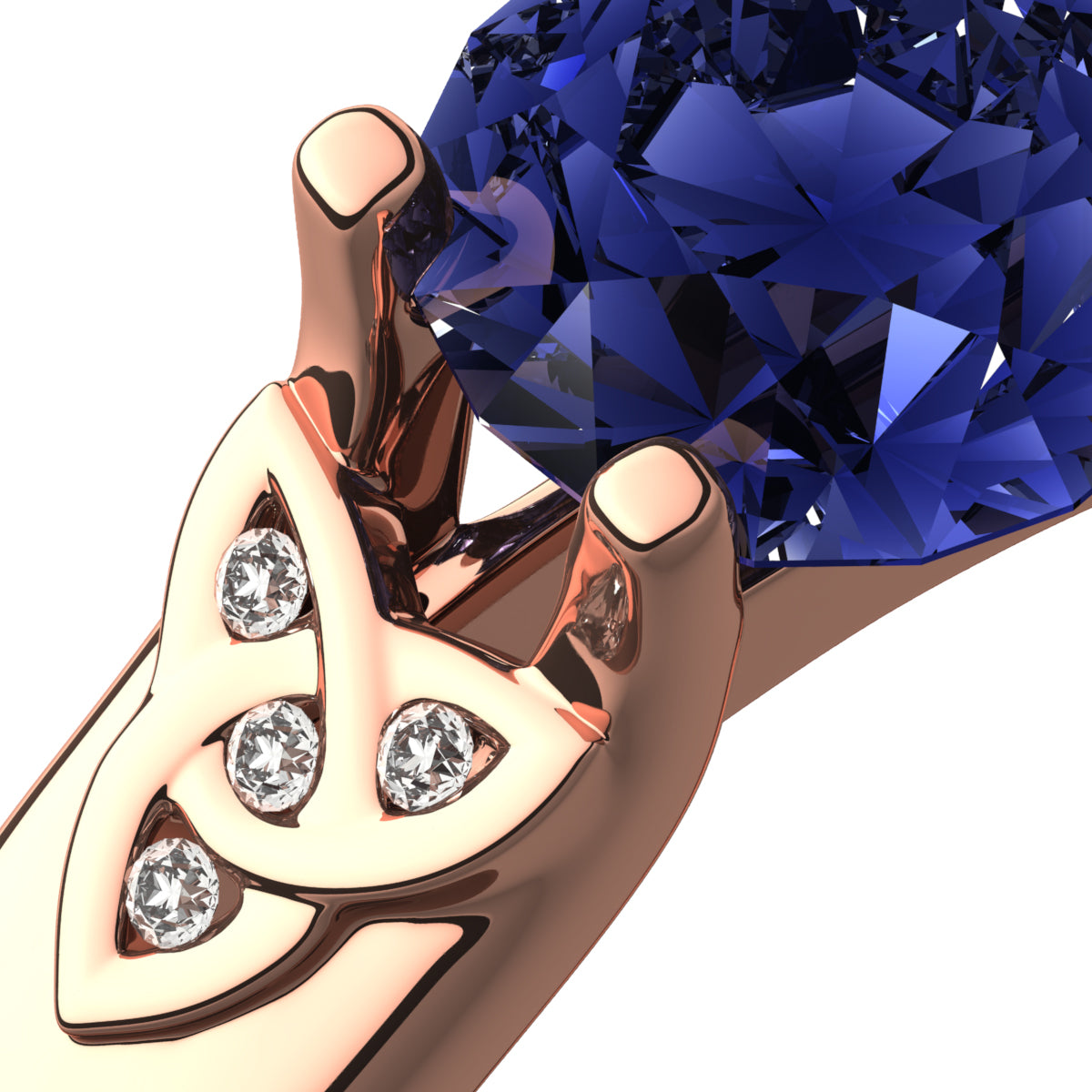 18K Rose Gold Coated Celtic Ring with Sapphire Blue Zircon Stone and Trinity Knots Adorned with Crystals