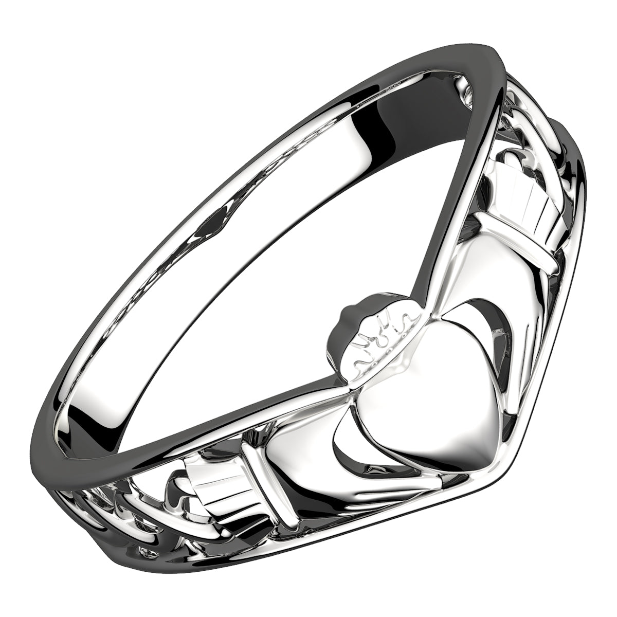 925 Sterling Silver Claddagh Ring with Half Covered Band and Celtic Knot Design