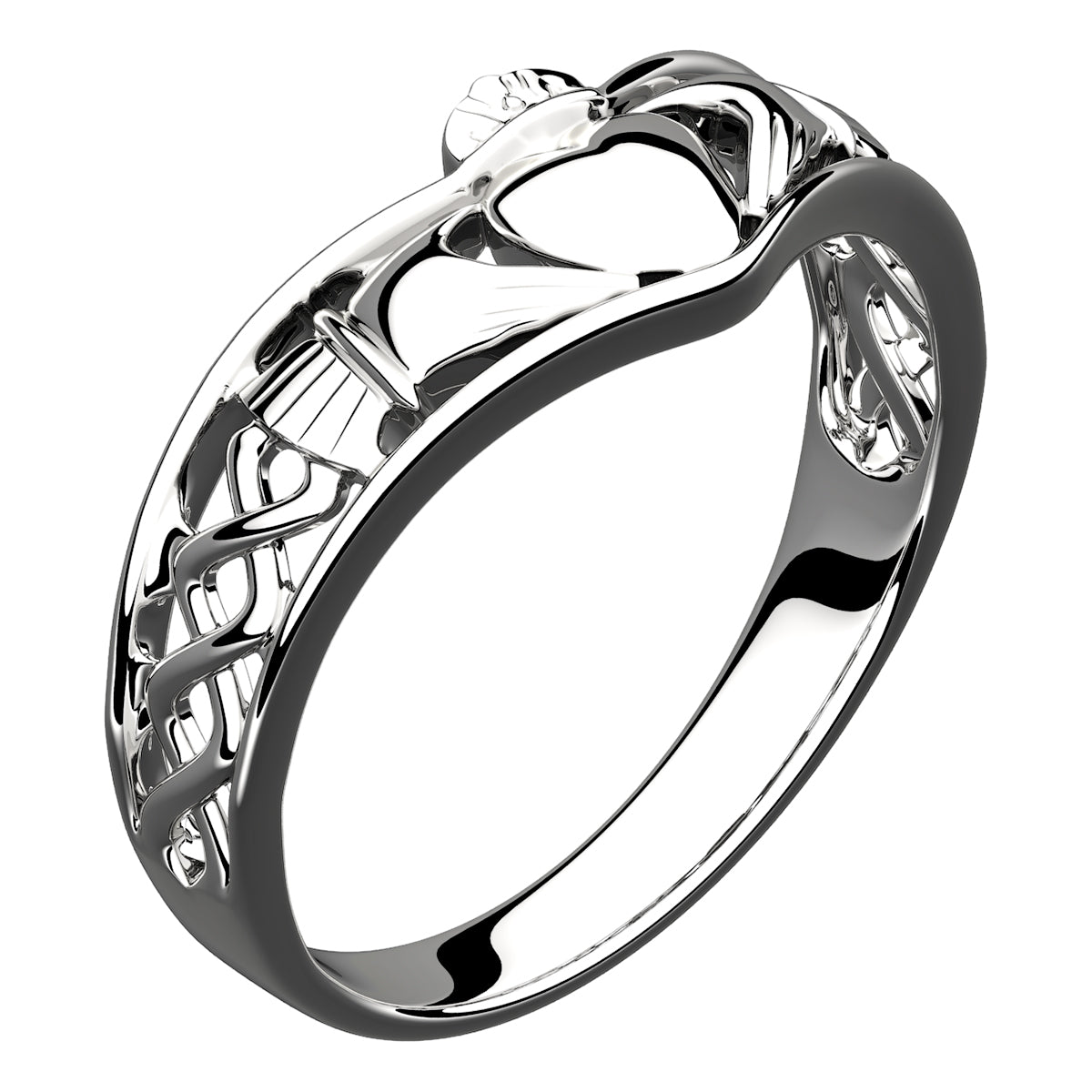 925 Sterling Silver Claddagh Ring with Half Covered Band and Celtic Knot Design