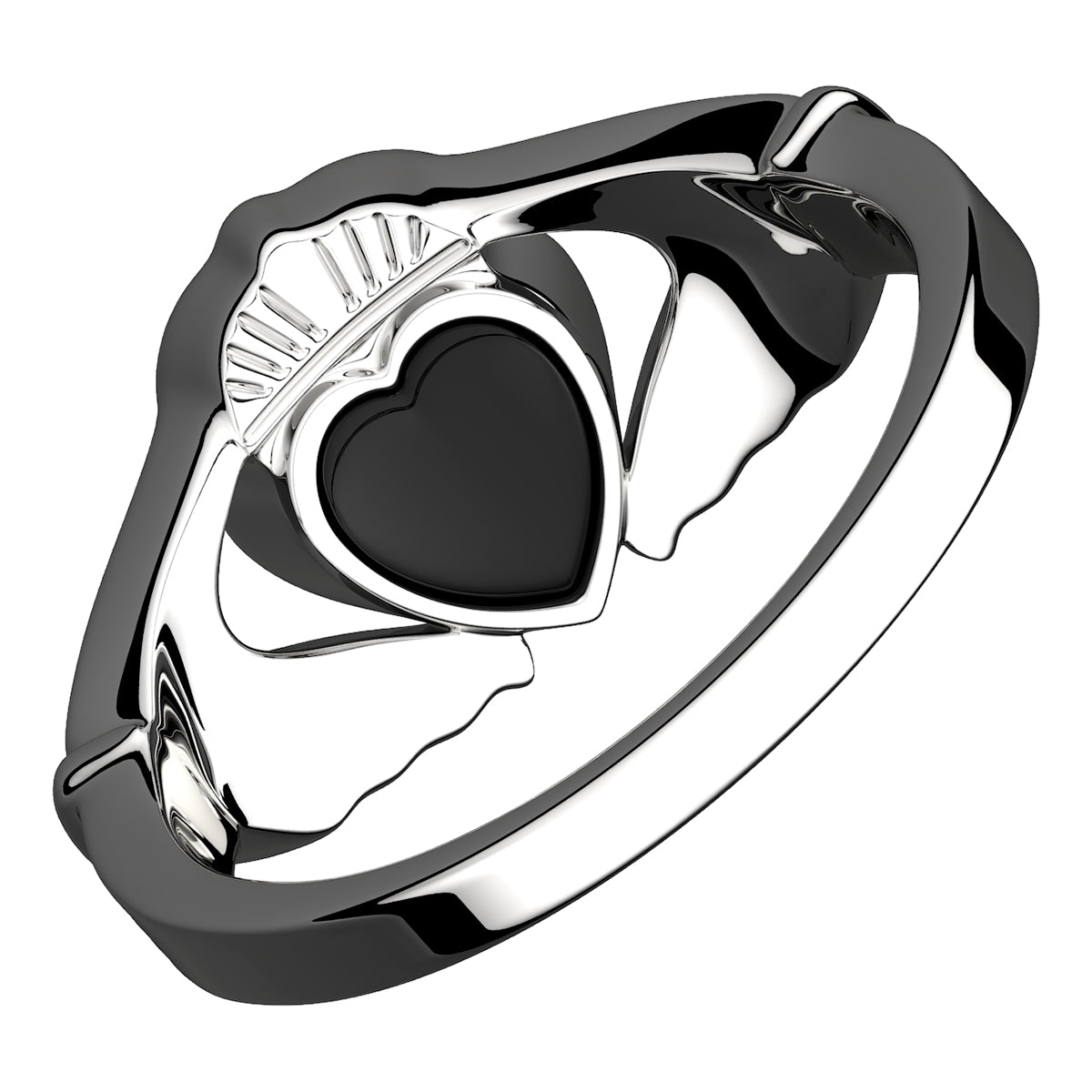 925 Sterling Silver Claddagh Ring with Unusual Black Enamel Heart