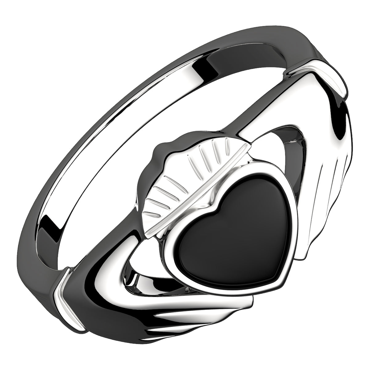 925 Sterling Silver Claddagh Ring with Unusual Black Enamel Heart