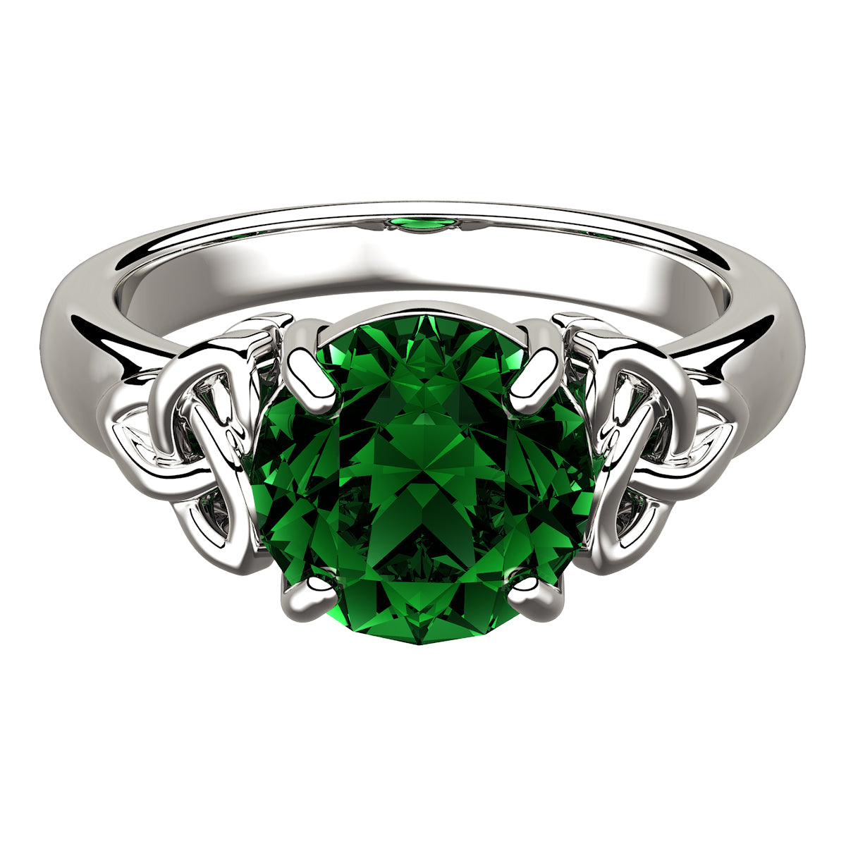 925 Sterling Silver Ring with Large Emerald Green CZ Stone and Celtic Trinity Knots