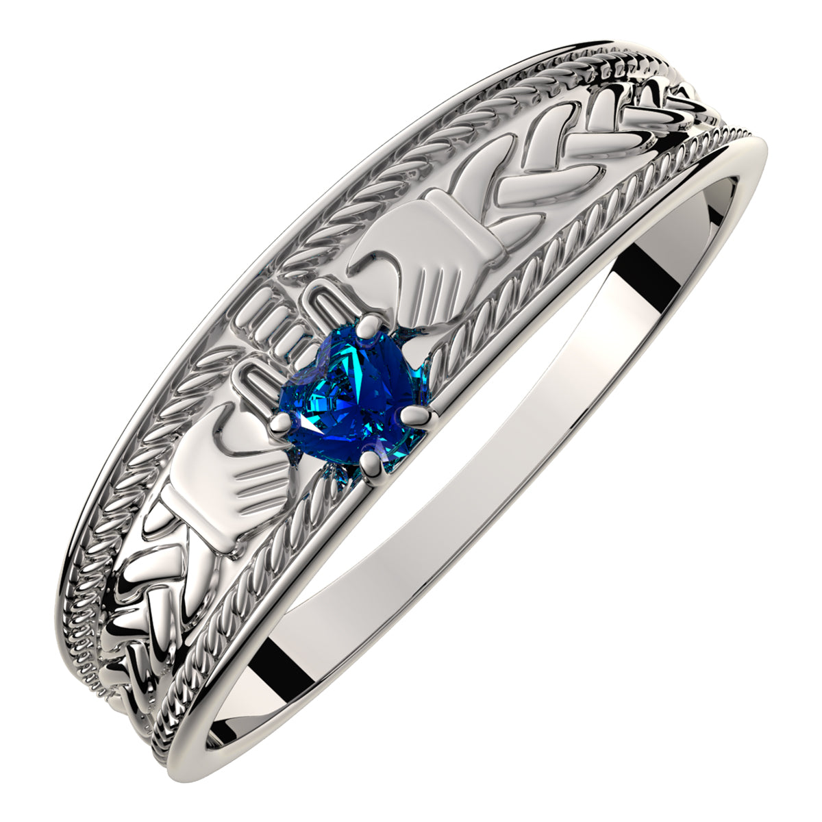 925 Sterling Silver Claddagh Ring with Heart Shaped Sapphire Blue Cubic Zirconia