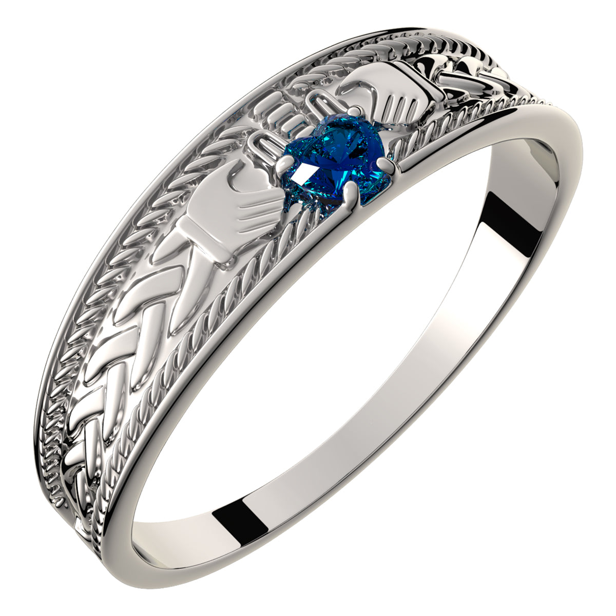 925 Sterling Silver Claddagh Ring with Heart Shaped Sapphire Blue Cubic Zirconia