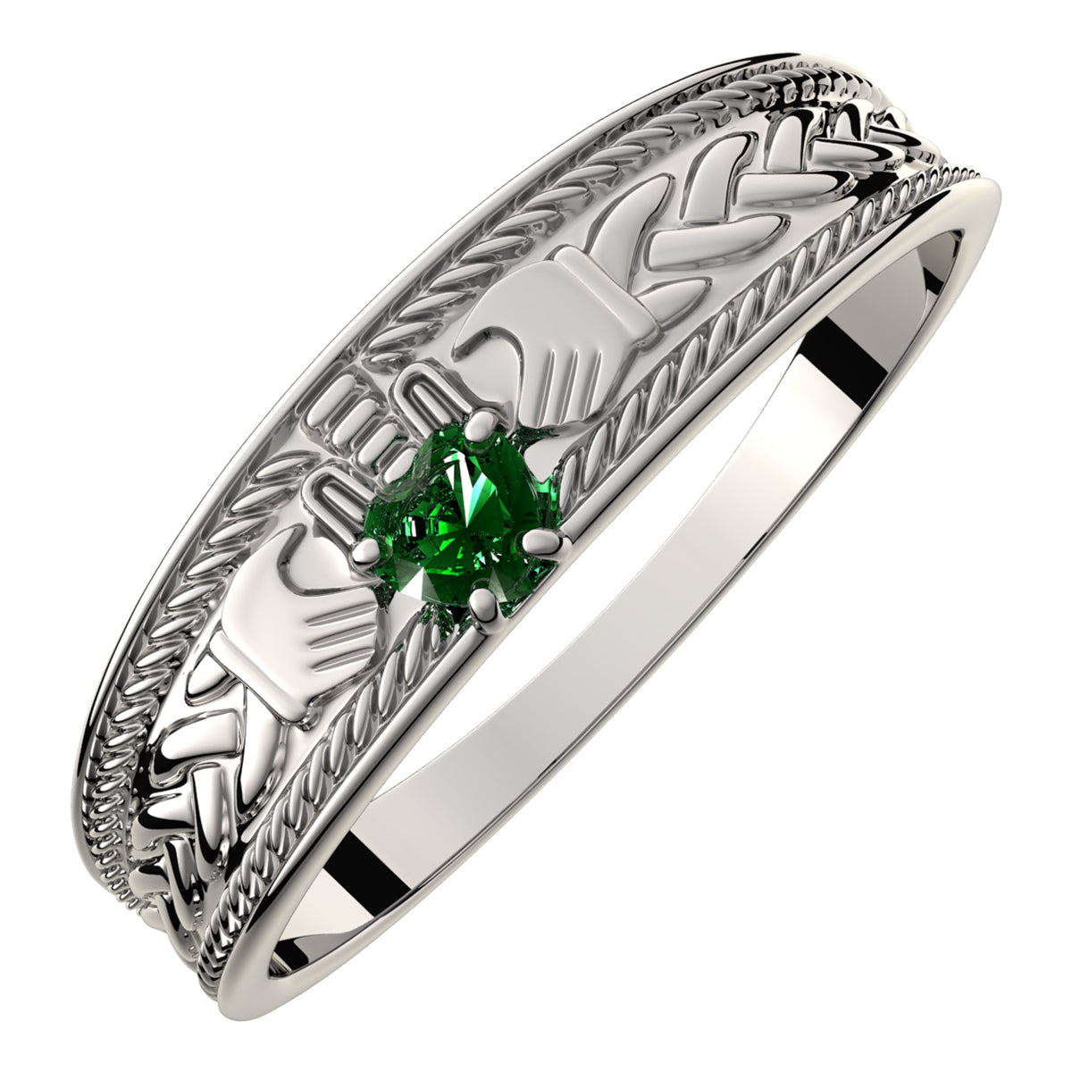 925 Sterling Silver Claddagh Ring with Heart Shaped Emerald Green Cubic Zirconia