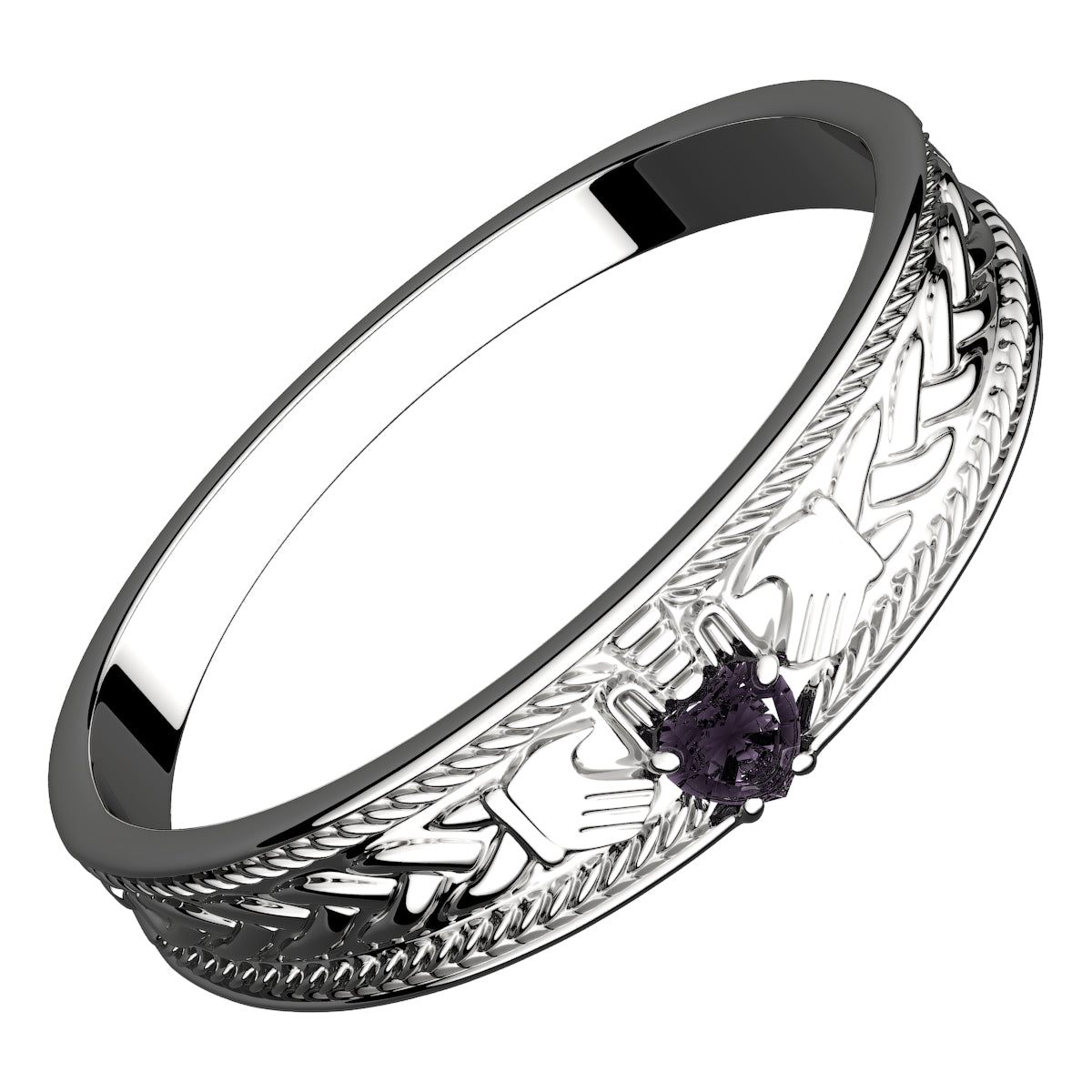 925 Sterling Silver Claddagh Ring with Heart Shaped Amethyst Purple Cubic Zirconia