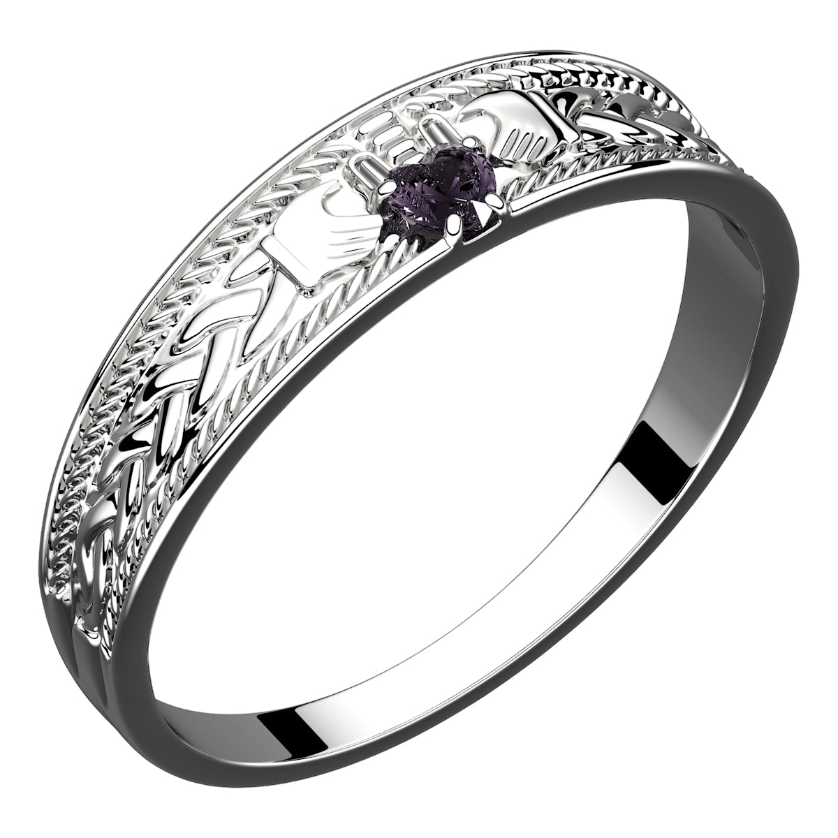 925 Sterling Silver Claddagh Ring with Heart Shaped Amethyst Purple Cubic Zirconia