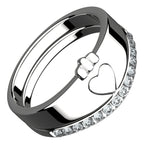 925 Sterling Silver Double Ring Featuring Heart Symbolic Crown and Crystals