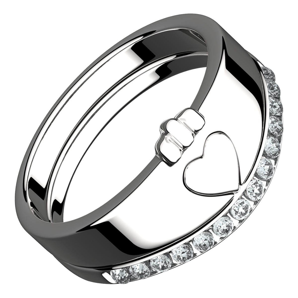 925 Sterling Silver Double Ring Featuring Heart Symbolic Crown and Crystals