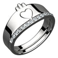 925 Sterling Silver Double Ring Featuring Heart Symbolic Crown and Crystals