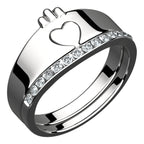 925 Sterling Silver Double Ring Featuring Heart Symbolic Crown and Crystals