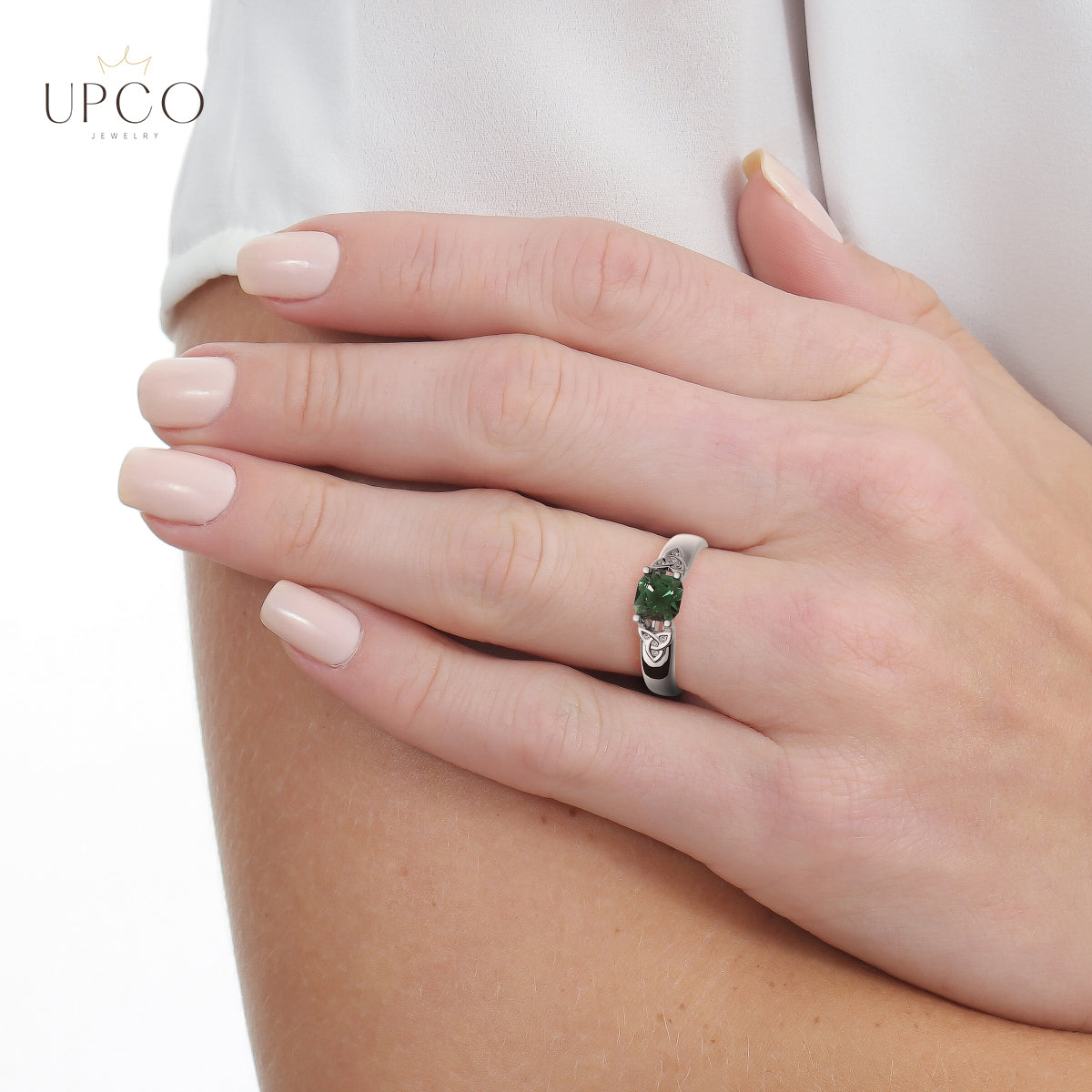 Celtic Ring with Emerald Green Zircon Square Stone and Trinity Knots Sparkling with Crystals UPCO Jewelry