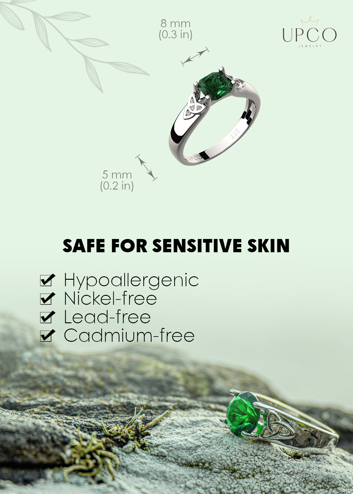 Celtic Ring with Emerald Green Zircon Square Stone and Trinity Knots Sparkling with Crystals UPCO Jewelry