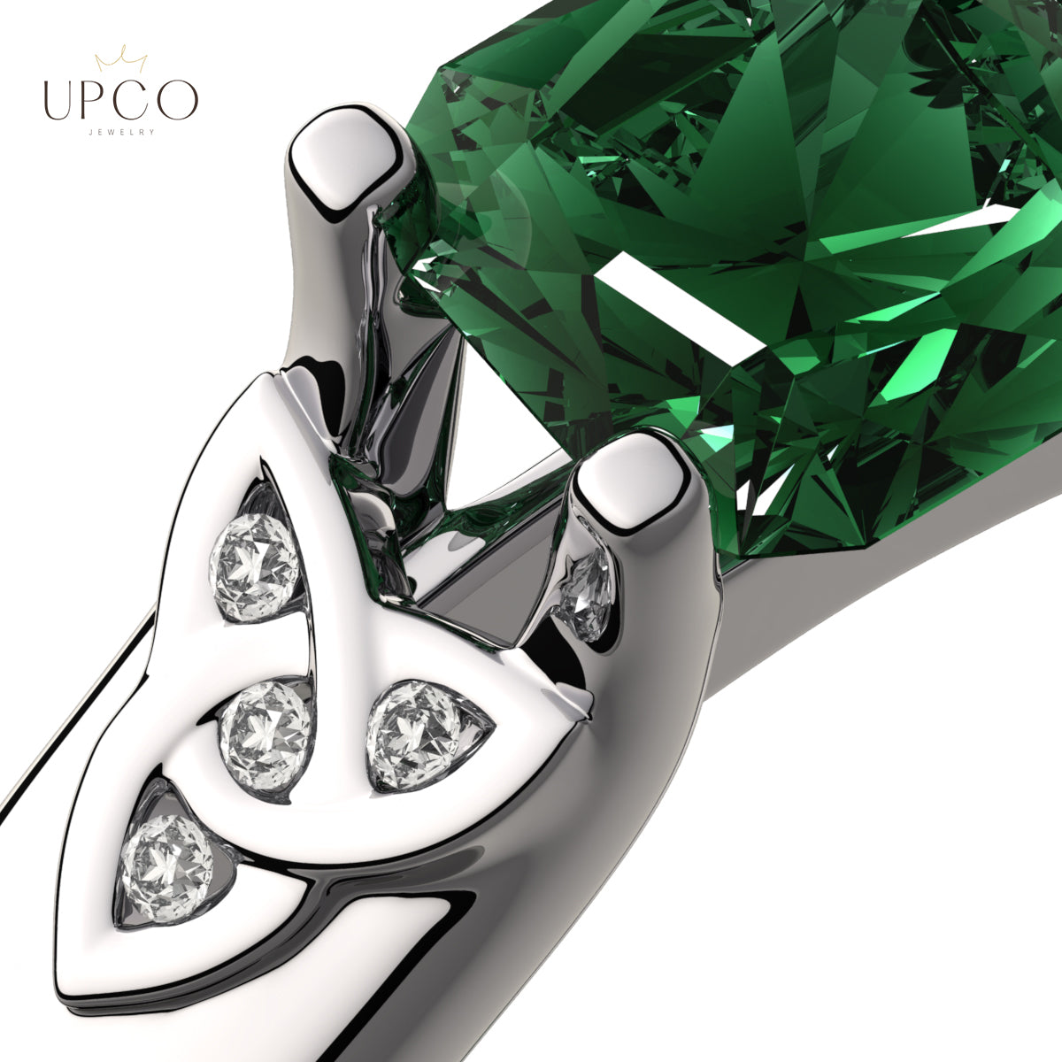 Celtic Ring with Emerald Green Zircon Square Stone and Trinity Knots Sparkling with Crystals UPCO Jewelry