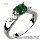 Celtic Ring with Emerald Green Zircon Square Stone and Trinity Knots Sparkling with Crystals UPCO Jewelry