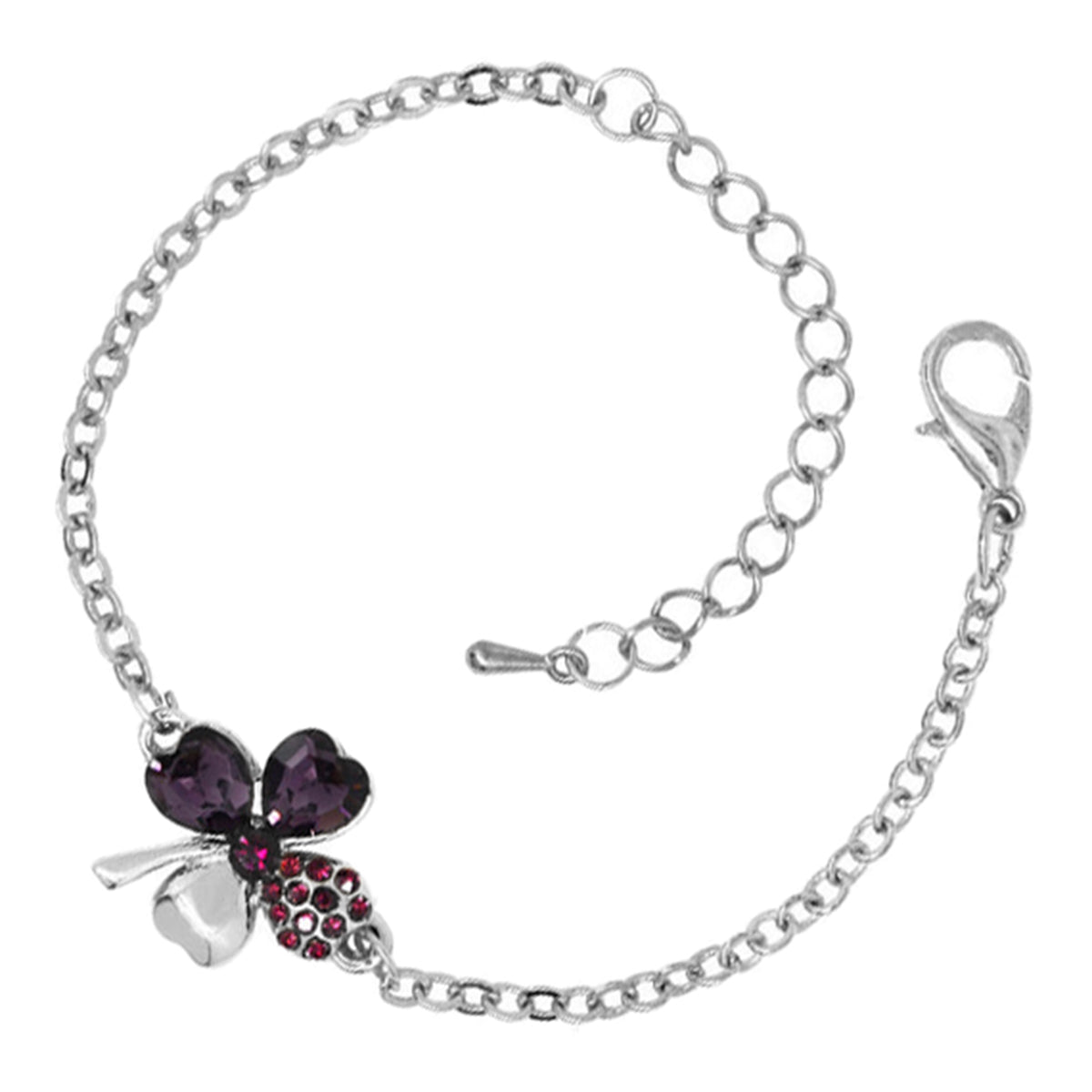 Sterling Silver Coated Bracelet with 4 Heart Shaped Clover Leaves and Stones