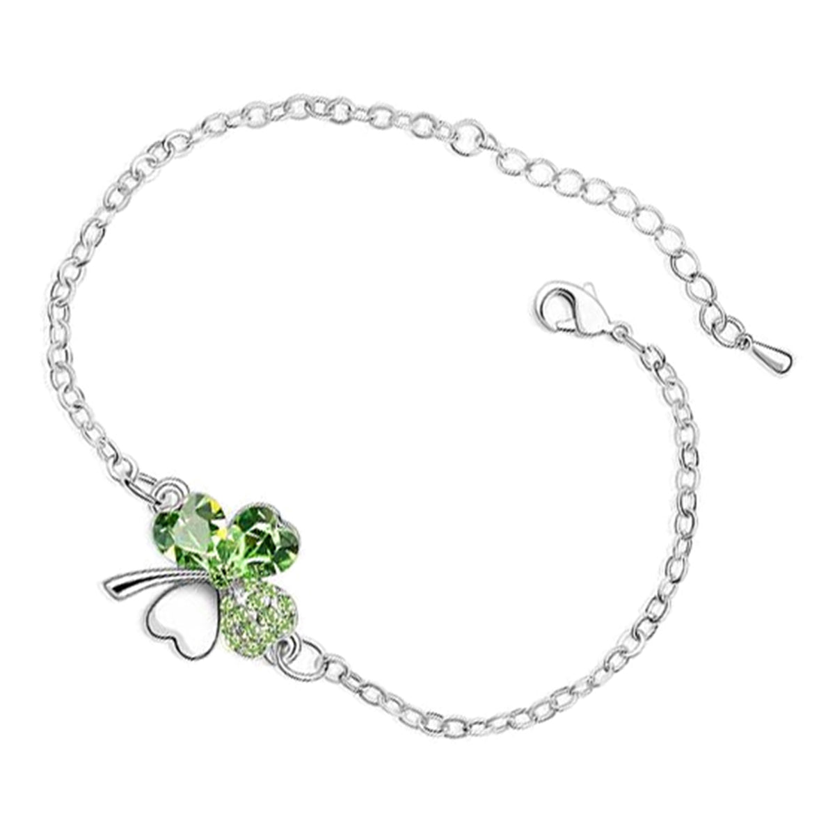 Sterling Silver Coated Bracelet with 4 Heart Shaped Clover Leaves and Stones - Peridot Green