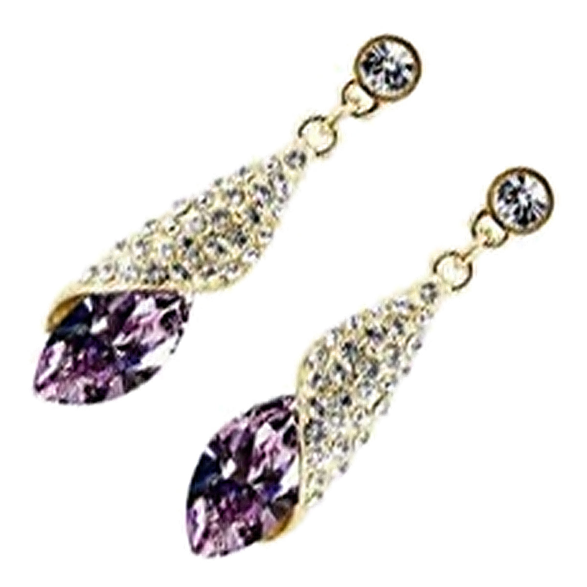 18K Yellow Gold Coated Earrings Oval Main Stone with Leaf and Crystals