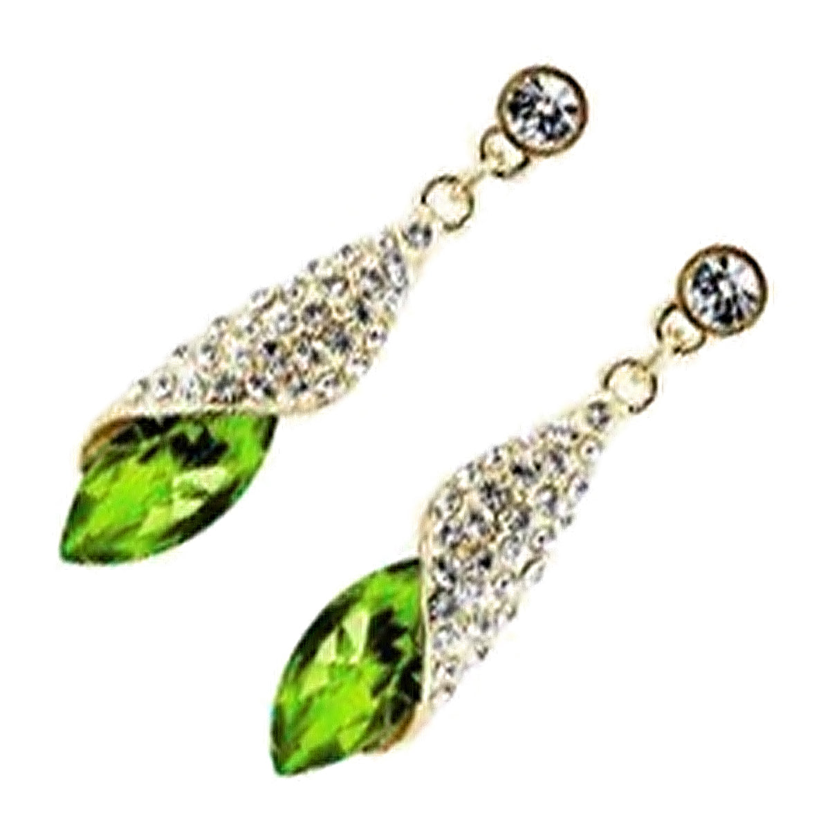 18K Yellow Gold Coated Earrings Oval Main Stone with Leaf and Crystals
