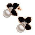 18K Rose Gold Coated Earrings White Round Pearl with 3 Black Flower Leaves