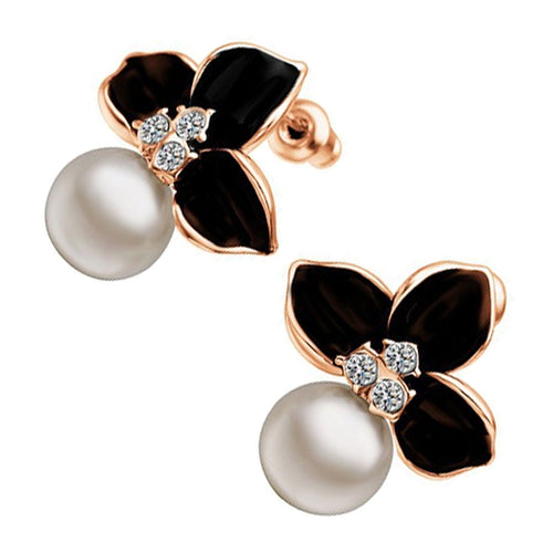 18K Rose Gold Coated Earrings White Round Pearl with 3 Black Flower Leaves