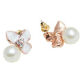 18K Rose Gold Coated Earrings White Round Pearl with 3 Black Flower Leaves