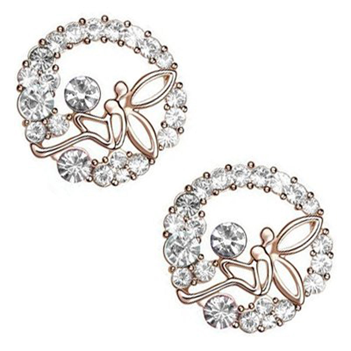 18K Rose Gold Coated Fashion Stud Earrings Angel with Wings Adorned with Prong Set Crystals