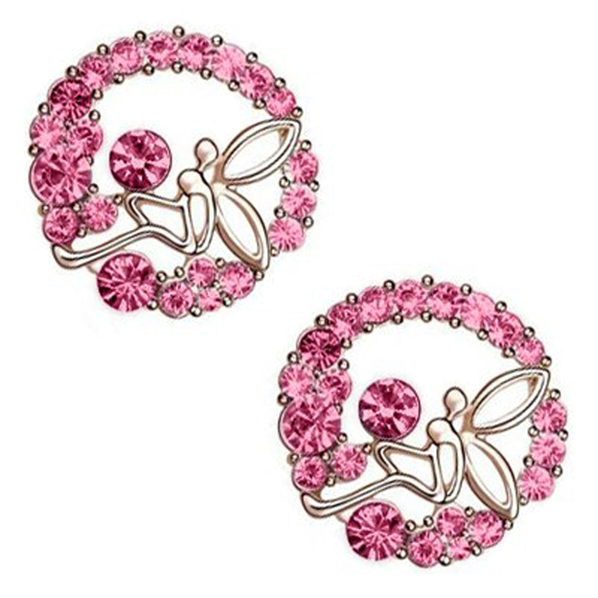 18K Rose Gold Coated Fashion Stud Earrings Angel with Wings Adorned with Prong Set Crystals