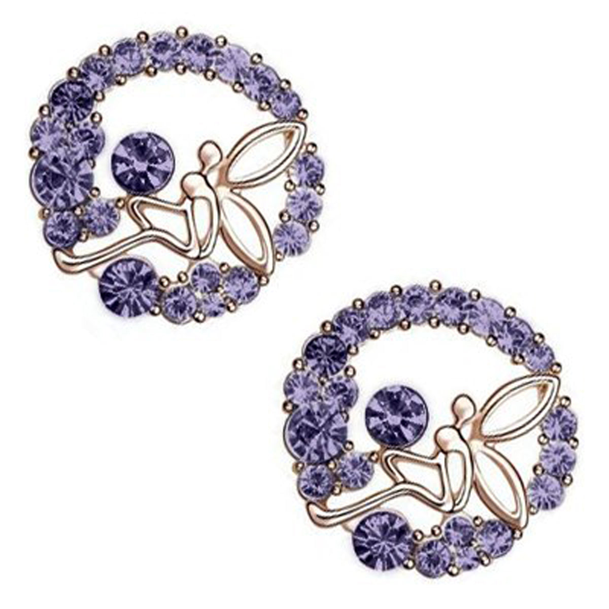 18K Rose Gold Coated Fashion Stud Earrings Angel with Wings Adorned with Prong Set Crystals