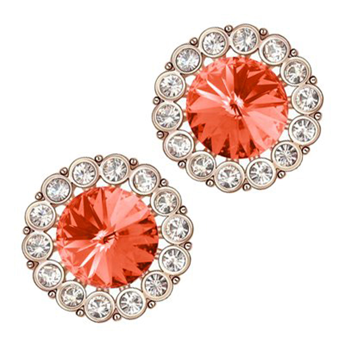 18K Rose Gold Coated Fashion Round Stud Earrings Stone Surrounded with Clear Pave Set Crystal Elements